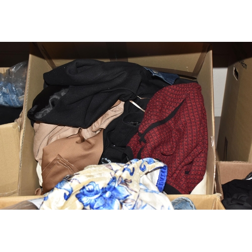 492 - TEN BOXES OF MOSTLY WOMEN'S CLOTHES to include two boxes of dresses from various manufacturers to in... 