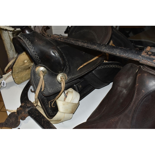 495 - TWO SADDLES AND A PAIR OF HAMES, comprising a western style saddle by Simco, with tooled decoration,... 