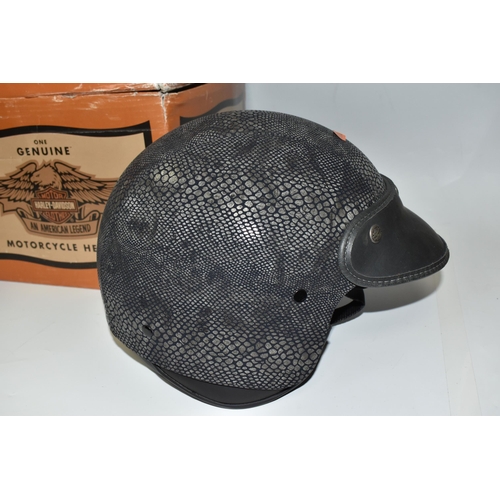 496 - TWO BOXED HARLEY-DAVIDSON MOTORCYCLE HELMETS, with python-effect outer, serial no BS-6658:1985, size... 