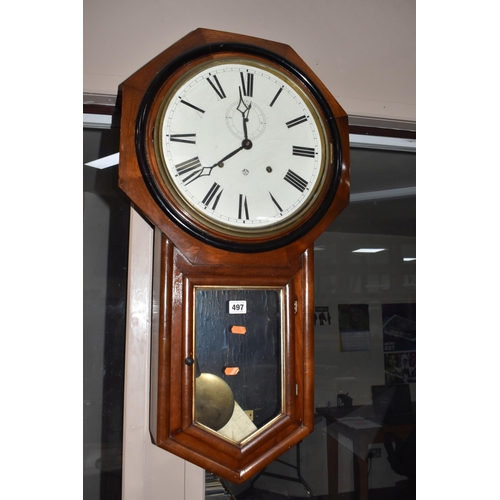 497 - THREE WALL CLOCKS, comprising an eight day clock by the Ansonia Clock Co, New York, height 80cm x wi... 