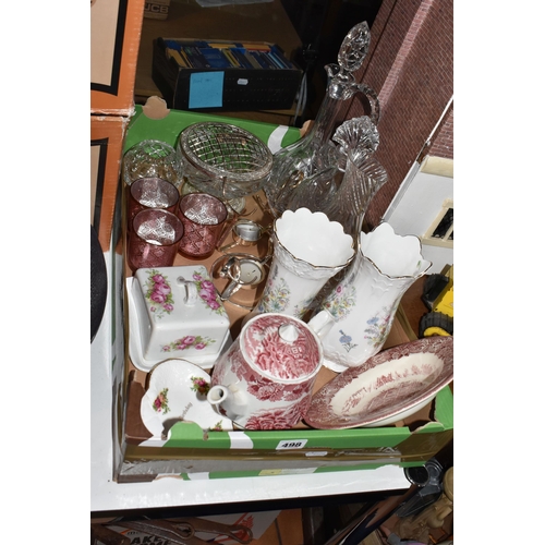 498 - A BOX OF CERAMICS AND GLASS WARE, to include two Aynsley Wild Tudor vases, height of tallest 21cm, a... 