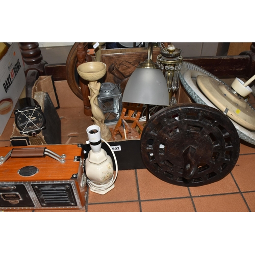 503 - A BOX AND LOOSE LAMPS AND SUNDRY ITEMS, to include three table lamps, a Spirit of St Louis radio ala... 