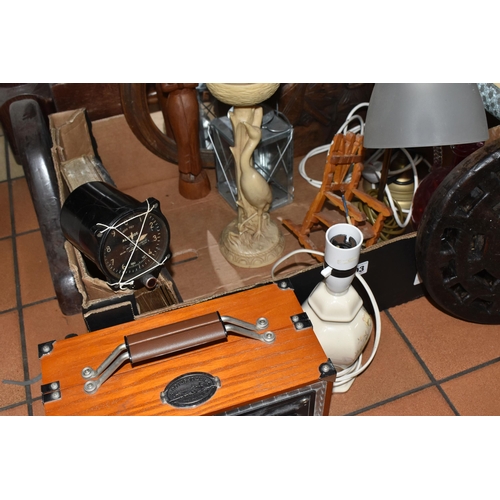 503 - A BOX AND LOOSE LAMPS AND SUNDRY ITEMS, to include three table lamps, a Spirit of St Louis radio ala... 