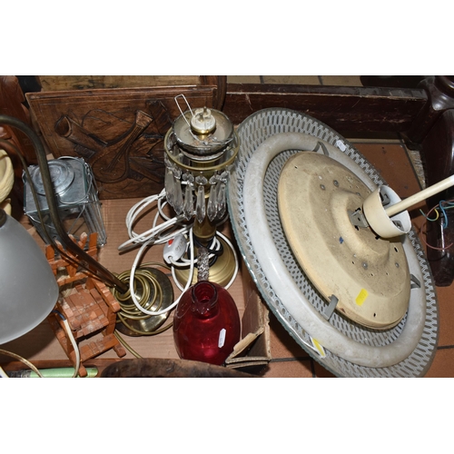 503 - A BOX AND LOOSE LAMPS AND SUNDRY ITEMS, to include three table lamps, a Spirit of St Louis radio ala... 