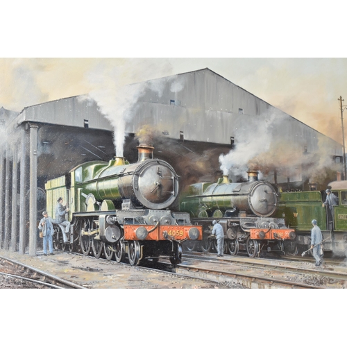 515 - G.P.M. GREEN (PETER 1933-2015) THREE STEAM LOCOMOTIVES IN A DEPOT, two trains are numbered 4059 and ... 