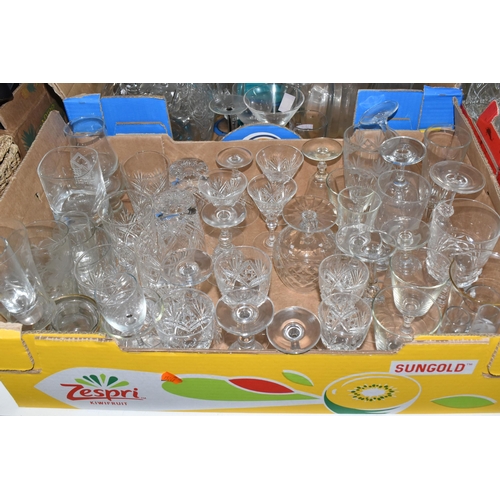 519 - FIVE BOXES AND LOOSE GLASSWARE, to include  a quantity of various drinking glasses wine, tumblers, l... 