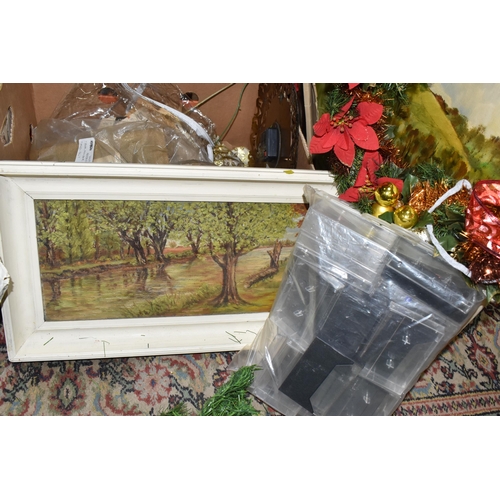 540 - THREE BOXES OF VINTAGE MISCELLANEOUS ITEMS AND TWO OIL ON CANVAS LANDSCAPE PAINTINGS to include a gr... 