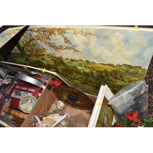 540 - THREE BOXES OF VINTAGE MISCELLANEOUS ITEMS AND TWO OIL ON CANVAS LANDSCAPE PAINTINGS to include a gr... 