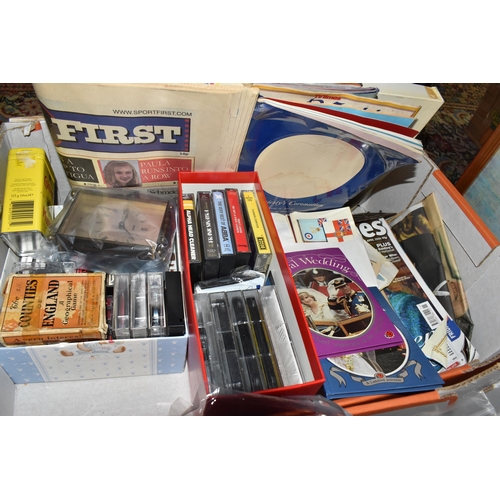 540 - THREE BOXES OF VINTAGE MISCELLANEOUS ITEMS AND TWO OIL ON CANVAS LANDSCAPE PAINTINGS to include a gr... 