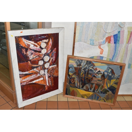 543 - THREE VINTAGE ABSTRACT STUDIES IN OILS, the first is signed B. Tandy verso, it is a three dimensiona... 