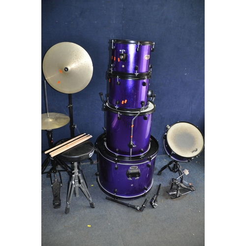 1061 - A TIGER DKT SERIES FIVE PIECE DRUM KIT IN METALLIC PURPLE with 12in and 13in rack toms with arms, 16... 