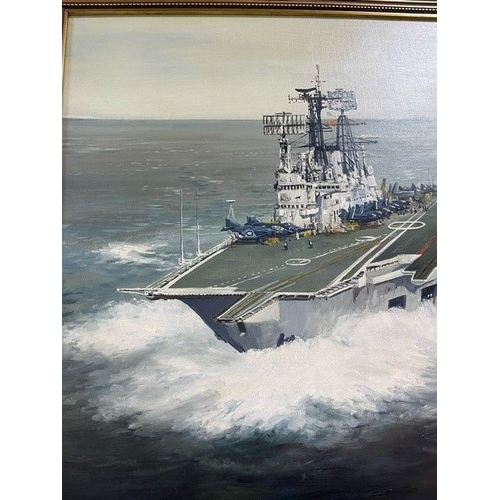 358 - E. G. BURROWS (20TH CENTURY) 'H.M.S. ARK ROYAL', the Royal Navy Aircraft Carrier  is depicted under ... 