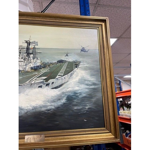 358 - E. G. BURROWS (20TH CENTURY) 'H.M.S. ARK ROYAL', the Royal Navy Aircraft Carrier  is depicted under ... 