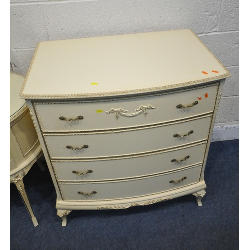 1202 - A VARIETY OF FRENCH CREAM BEDROOM FURNITURE, to include a kidney dressing table, with a triple dress... 