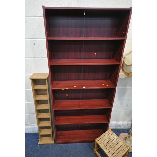 1205 - A MODERN OPEN BOOKCASE, width 71cm x depth 21cm x height 180cm, a cd rack, a glass nest of three tab... 