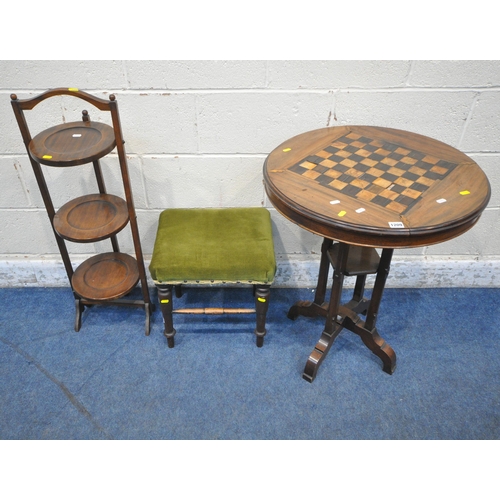 1209 - A MAHOGANY TILT TOP CHESS TABLE, diameter 62cm x height 73cm, a three tier folding cake stand, along... 