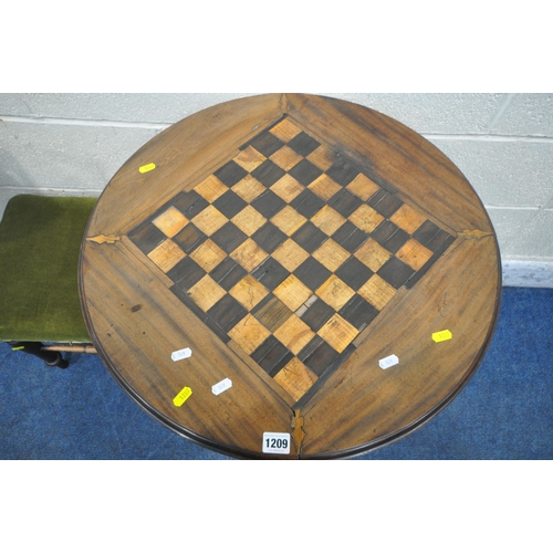 1209 - A MAHOGANY TILT TOP CHESS TABLE, diameter 62cm x height 73cm, a three tier folding cake stand, along... 