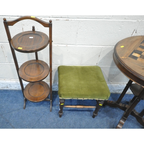 1209 - A MAHOGANY TILT TOP CHESS TABLE, diameter 62cm x height 73cm, a three tier folding cake stand, along... 