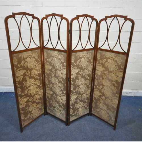 1212 - AN EDWARDIAN MAHOGANY FOUR SECTION FOLDING SCREEN, with glazed top, above tapestry panels, fully ext... 