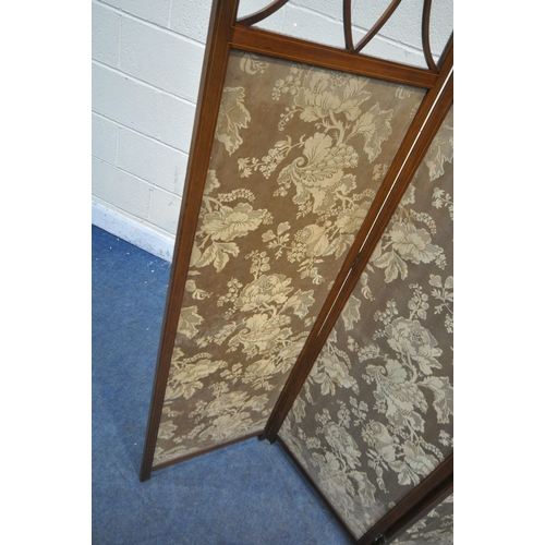 1212 - AN EDWARDIAN MAHOGANY FOUR SECTION FOLDING SCREEN, with glazed top, above tapestry panels, fully ext... 