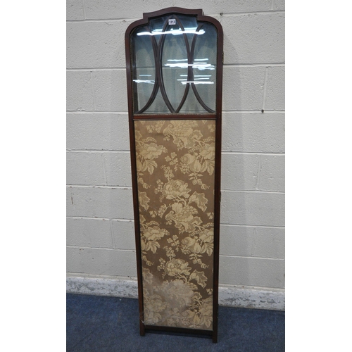 1212 - AN EDWARDIAN MAHOGANY FOUR SECTION FOLDING SCREEN, with glazed top, above tapestry panels, fully ext... 