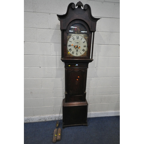 1221 - A GEORGIAN OAK AND MAHOGANY EIGHT DAY LONGCASE CLOCK, with twin swan neck pediment, the arched glass... 