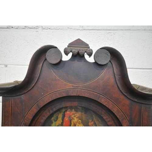 1221 - A GEORGIAN OAK AND MAHOGANY EIGHT DAY LONGCASE CLOCK, with twin swan neck pediment, the arched glass... 