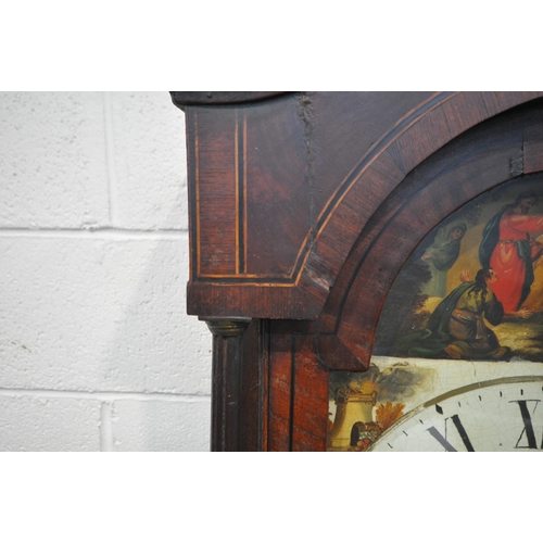 1221 - A GEORGIAN OAK AND MAHOGANY EIGHT DAY LONGCASE CLOCK, with twin swan neck pediment, the arched glass... 