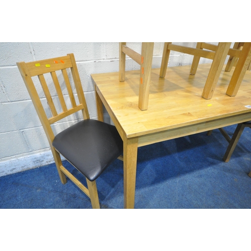 1228 - A MODERN BEECH RECTANGULAR TABLE, width 118cm x depth 76cm x height 76cm, along with a set of four c... 