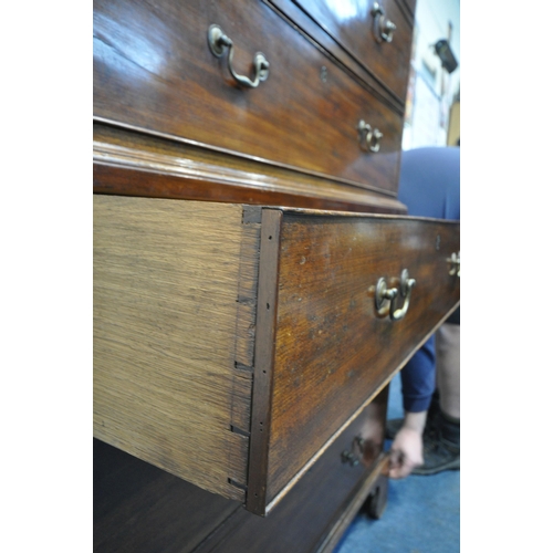 1229 - A GEORGIAN MAHOGANY CHEST ON CHEST, fitted with two short over six long drawers, raised on bracket f... 