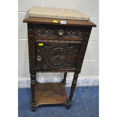 1230 - A 20TH CENTURY OAK POT CUPBOARD, with a single drawer, above a cupboard door, with geometric carved ... 