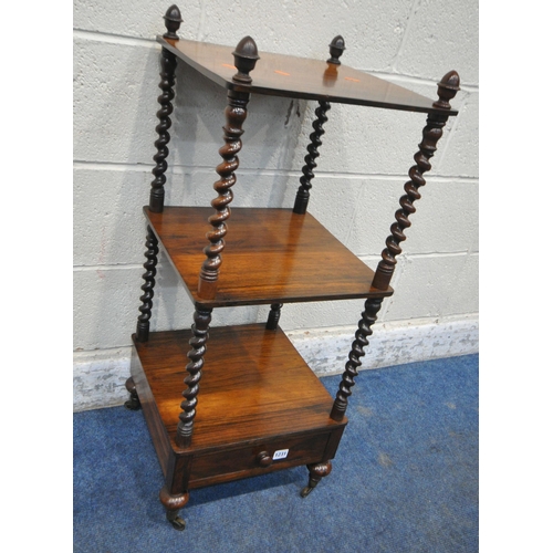 1231 - AN EARLY 20TH CENTURY ROSEWOOD THREE TIER WHAT-NOT, with spiral supports, a single drawer, raised on... 