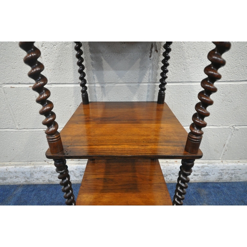 1231 - AN EARLY 20TH CENTURY ROSEWOOD THREE TIER WHAT-NOT, with spiral supports, a single drawer, raised on... 