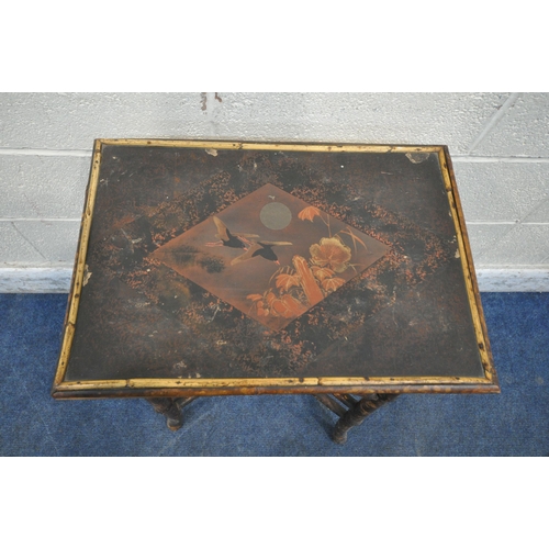 1245 - A 19TH CENTURY JAPANESE BAMBOO OCCASIONAL TABLE, the ebonised finish depicting birds and foliate det... 