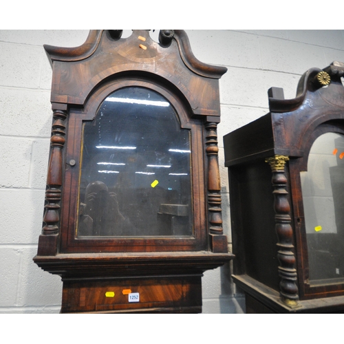 1252 - THE GEORGIAN LONGCASE CLOCKS, one oak and one mahogany, a hood, three dials, three movements, three ... 