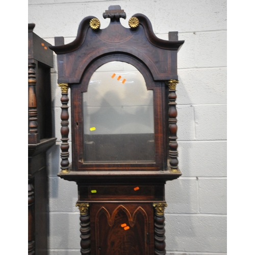 1252 - THE GEORGIAN LONGCASE CLOCKS, one oak and one mahogany, a hood, three dials, three movements, three ... 