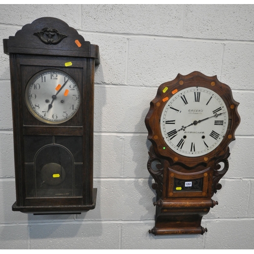 1261 - A 19TH CENTURY WALNUT DROP DIAL WALL CLOCK, the 12 inch dial depicting Roman numerals, signed Green'... 