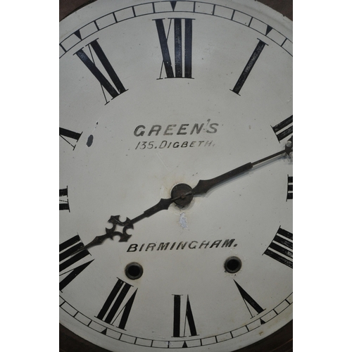 1261 - A 19TH CENTURY WALNUT DROP DIAL WALL CLOCK, the 12 inch dial depicting Roman numerals, signed Green'... 