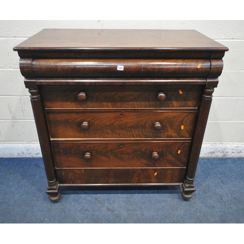 1262 - A 19TH CENTURY MAHOGANY SCOTTISH CHEST OF FIVE LONG DRAWERS, with octagonal pillars, raised on turne... 