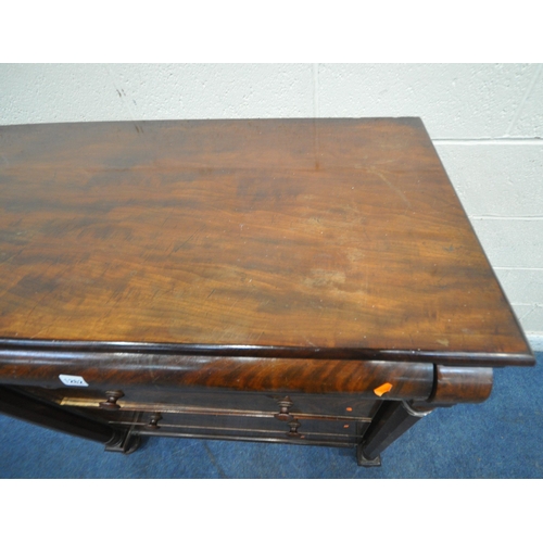 1262 - A 19TH CENTURY MAHOGANY SCOTTISH CHEST OF FIVE LONG DRAWERS, with octagonal pillars, raised on turne... 