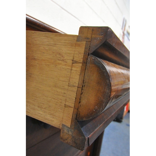 1262 - A 19TH CENTURY MAHOGANY SCOTTISH CHEST OF FIVE LONG DRAWERS, with octagonal pillars, raised on turne... 