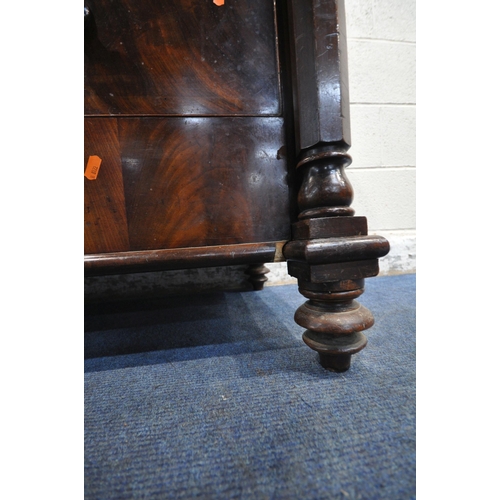 1262 - A 19TH CENTURY MAHOGANY SCOTTISH CHEST OF FIVE LONG DRAWERS, with octagonal pillars, raised on turne... 