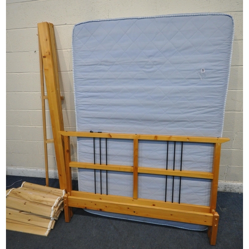 1265 - A MODERN PINE 5FT BEDSTEAD, with a blue mattress (condition report: siderails, slats, bolts, mattres... 