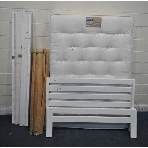 1266 - A MODERN WHITE 4FT6FT BEDSTEAD, with a Dreams mattress (condition report: siderails, slats, bolts, m... 