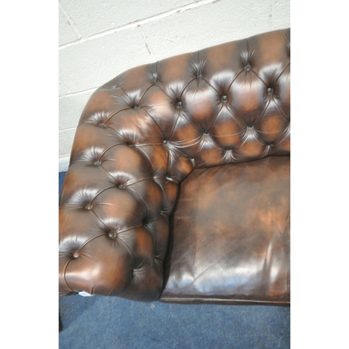 1269 - A BROWN LEATHER CHESTERFIELD DROP END SOFA, with buttoned backrest and armrests, length 203cm x dept... 