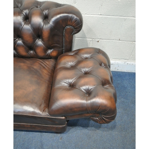 1269 - A BROWN LEATHER CHESTERFIELD DROP END SOFA, with buttoned backrest and armrests, length 203cm x dept... 