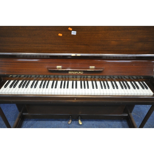 1272 - A BERESFORD MAHOGANY CASED UPRIGHT PIANO, no visible serial number, width 135cm x depth 55cm x heigh... 