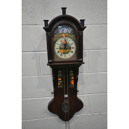 1273 - A 20TH CENTURY MAHOGANY DUTCH FRIESIAN REGULATOR WALL CLOCK, the arched hood with a single glazed do... 