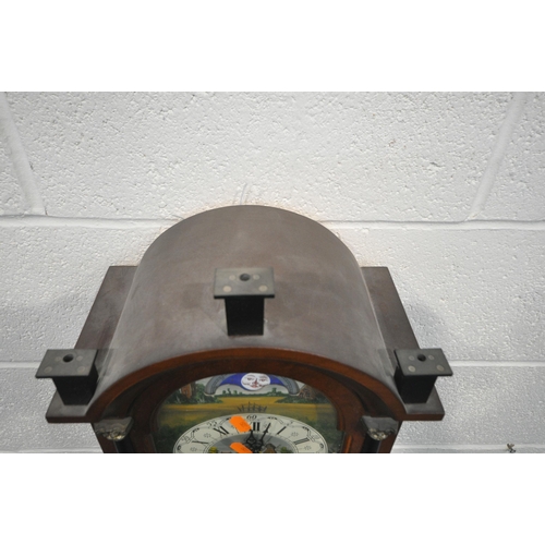 1273 - A 20TH CENTURY MAHOGANY DUTCH FRIESIAN REGULATOR WALL CLOCK, the arched hood with a single glazed do... 