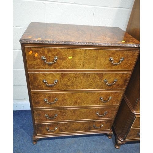 1274 - A 20TH CENTURY QUEEN ANNE STYLE WALNUT FOUR PIECE BEDROOM SUITE, comprising a double door wardrobe, ... 